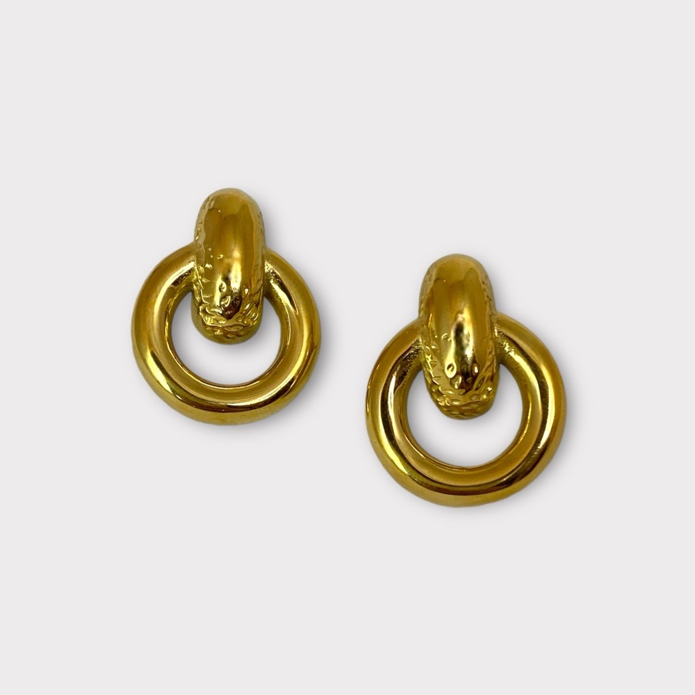 Chunky Dangle Gold, Pattern Hammered Earrings - image 1